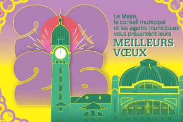 Affiche des voeux 2026 représentant la gare des Bénédictins