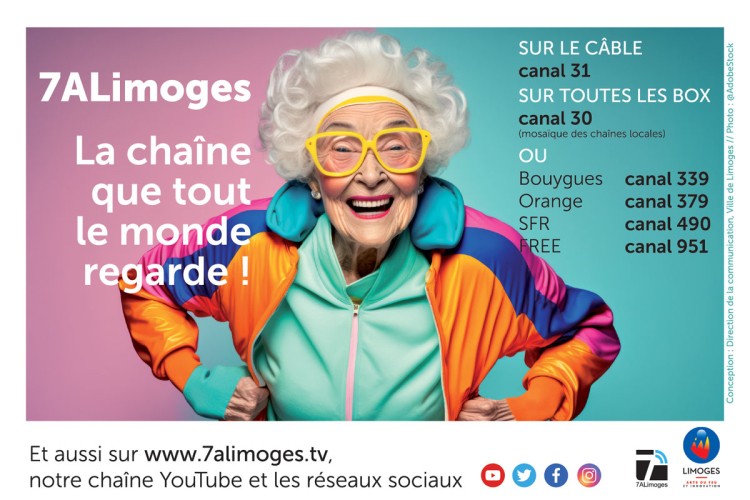 Affiche promotionnelle de 7ALimoges listant les canaux de diffusion